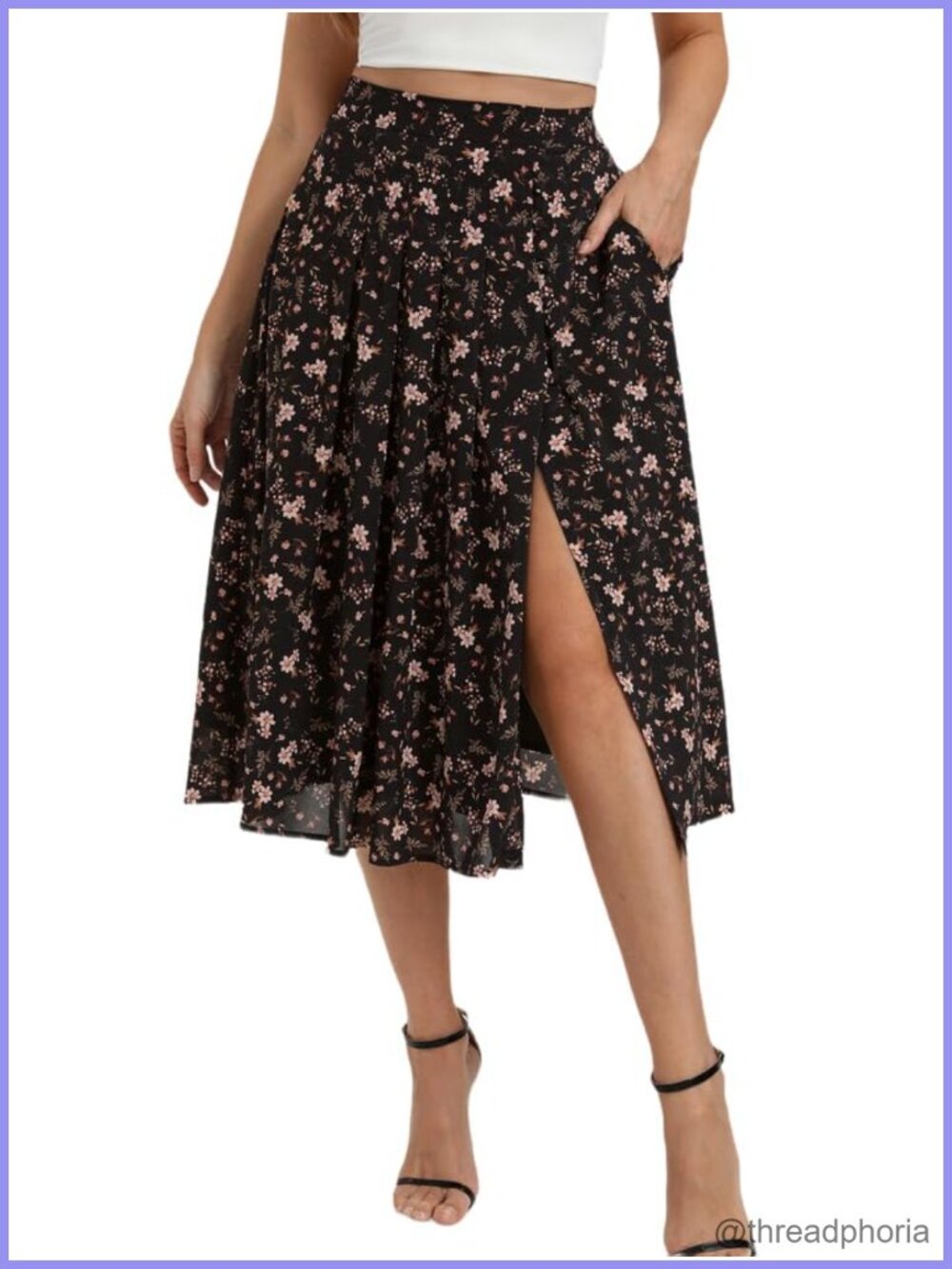 Floral Midi Skirt with Slit High Waist Pleated A-Line Pockets